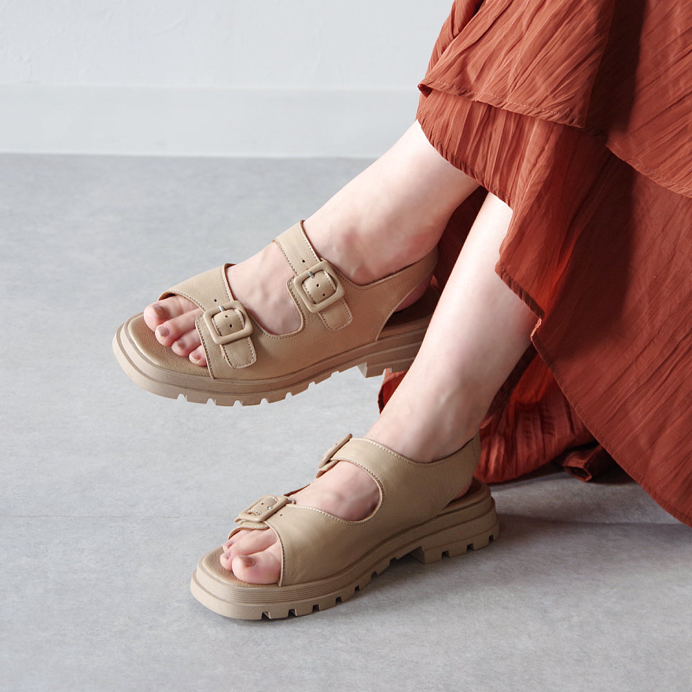 【BUENO SHOES ブエノシューズ】 ダブルベルトサンダル 【Y5505】 トルコ製 厚底 フラット スクエアトゥ トラックソール