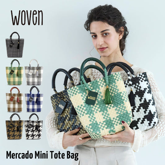 【WOVEN ウーヴン】Mini Tote ミニトート メルカドバッグ レディース かごバッグ 編み込みバッグ メキシコ製 プラカゴバッグ タッセル付き レザーハンドル 千鳥格子 チェック柄