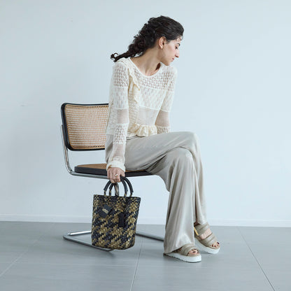 【WOVEN ウーヴン】Mini Tote ミニトート メルカドバッグ レディース かごバッグ 編み込みバッグ メキシコ製 プラカゴバッグ タッセル付き レザーハンドル 千鳥格子 チェック柄
