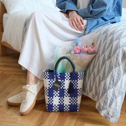 【WOVEN ウーヴン】Mini Tote ミニトート メルカドバッグ レディース かごバッグ 編み込みバッグ メキシコ製 プラカゴバッグ タッセル付き レザーハンドル 千鳥格子 チェック柄