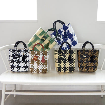 【WOVEN ウーヴン】Mini Tote ミニトート メルカドバッグ レディース かごバッグ 編み込みバッグ メキシコ製 プラカゴバッグ タッセル付き レザーハンドル 千鳥格子 チェック柄