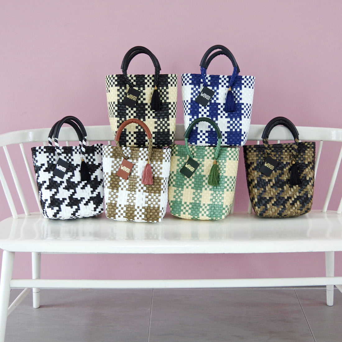【WOVEN ウーヴン】Mini Tote ミニトート メルカドバッグ レディース かごバッグ 編み込みバッグ メキシコ製 プラカゴバッグ タッセル付き レザーハンドル 千鳥格子 チェック柄