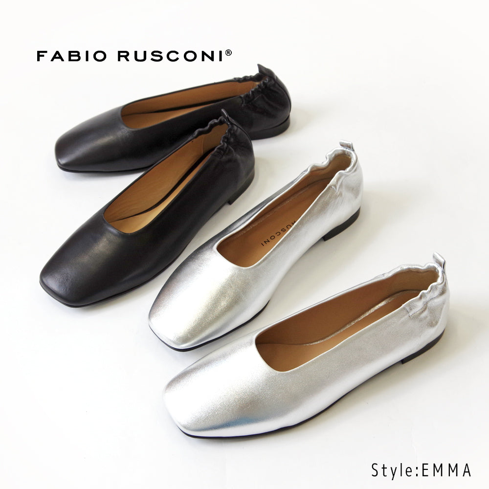 【特典付き】【FABIO RUSCONI ファビオ ルスコーニ】スクエアトゥカッターシューズ【EMMA】フラットパンプス かかとゴム ギャザー