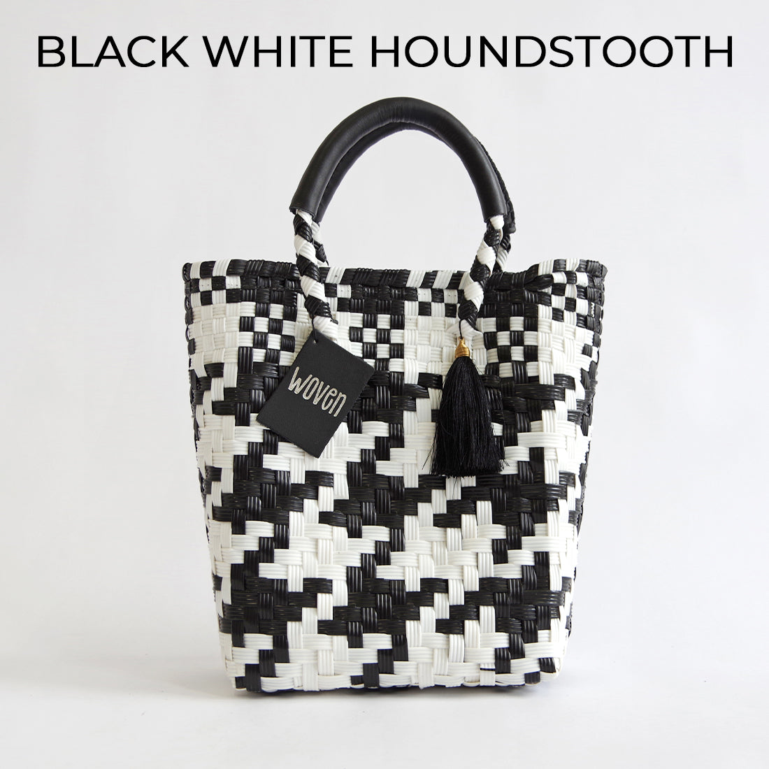 【WOVEN ウーヴン】Mini Tote ミニトート メルカドバッグ レディース かごバッグ 編み込みバッグ メキシコ製 プラカゴバッグ タッセル付き レザーハンドル 千鳥格子 チェック柄