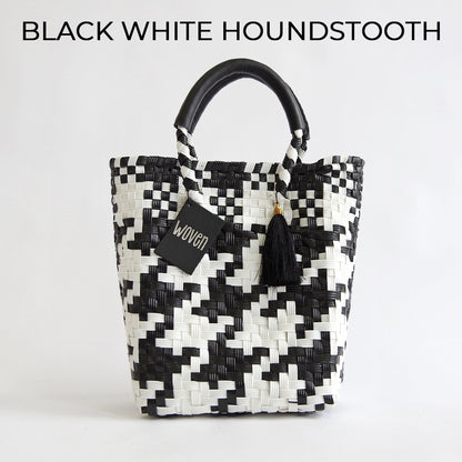 【WOVEN ウーヴン】Mini Tote ミニトート メルカドバッグ レディース かごバッグ 編み込みバッグ メキシコ製 プラカゴバッグ タッセル付き レザーハンドル 千鳥格子 チェック柄