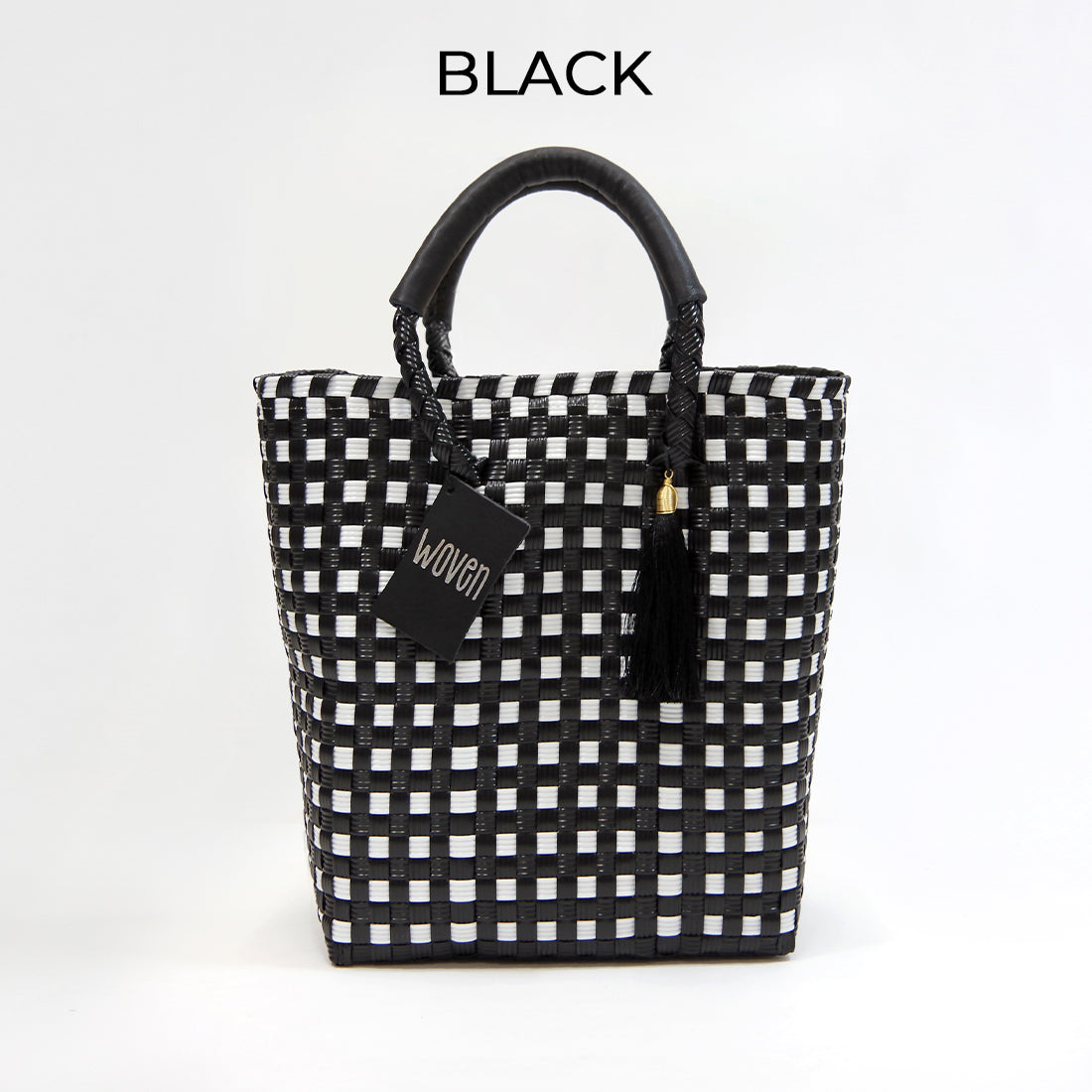 【WOVEN ウーヴン】Mini Tote ミニトート メルカドバッグ レディース かごバッグ 編み込みバッグ メキシコ製 プラカゴバッグ タッセル付き レザーハンドル 千鳥格子 チェック柄