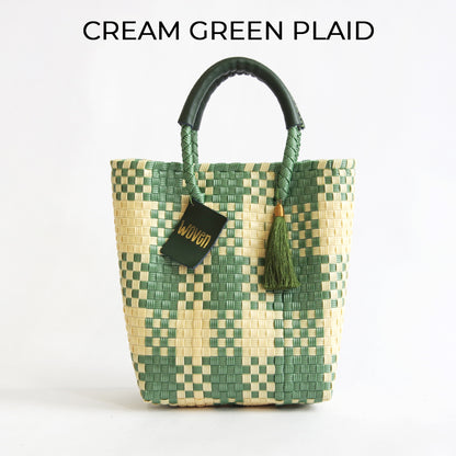 【WOVEN ウーヴン】Mini Tote ミニトート メルカドバッグ レディース かごバッグ 編み込みバッグ メキシコ製 プラカゴバッグ タッセル付き レザーハンドル 千鳥格子 チェック柄