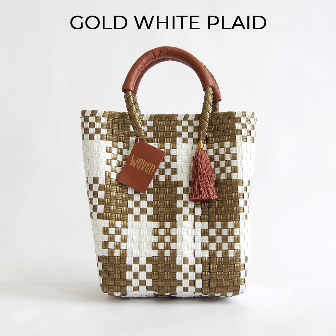 【WOVEN ウーヴン】Mini Tote ミニトート メルカドバッグ レディース かごバッグ 編み込みバッグ メキシコ製 プラカゴバッグ タッセル付き レザーハンドル 千鳥格子 チェック柄