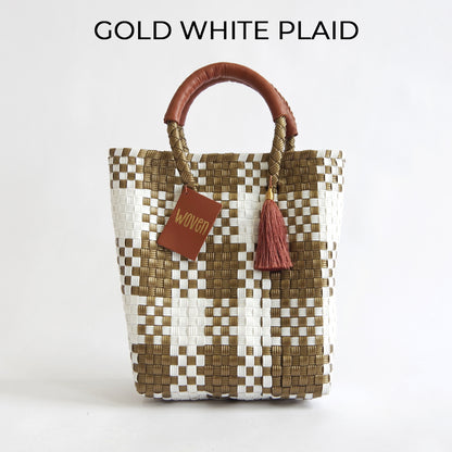 【WOVEN ウーヴン】Mini Tote ミニトート メルカドバッグ レディース かごバッグ 編み込みバッグ メキシコ製 プラカゴバッグ タッセル付き レザーハンドル 千鳥格子 チェック柄
