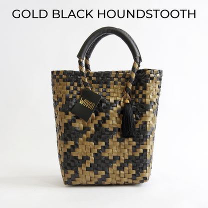 【WOVEN ウーヴン】Mini Tote ミニトート メルカドバッグ レディース かごバッグ 編み込みバッグ メキシコ製 プラカゴバッグ タッセル付き レザーハンドル 千鳥格子 チェック柄