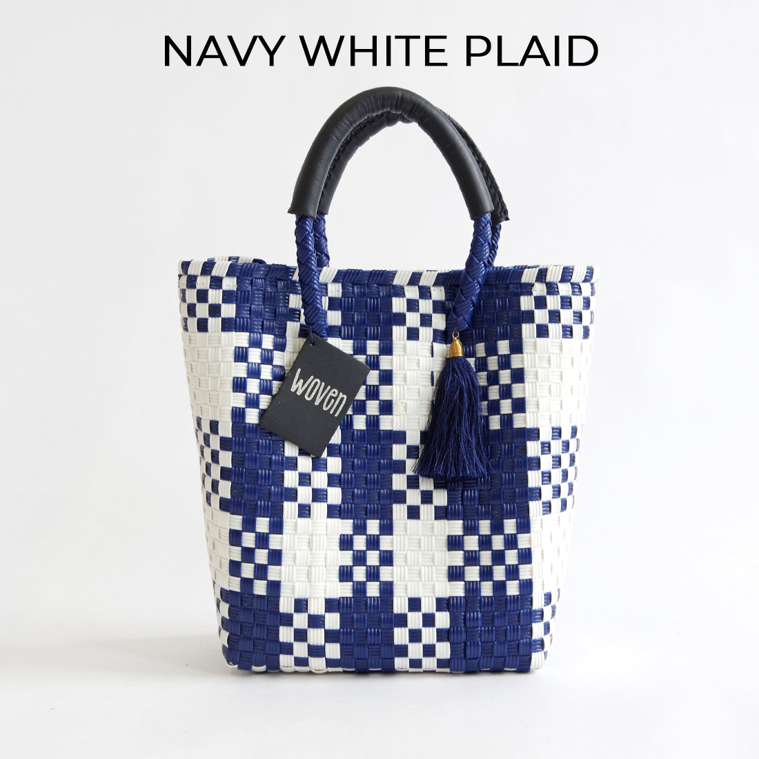【WOVEN ウーヴン】Mini Tote ミニトート メルカドバッグ レディース かごバッグ 編み込みバッグ メキシコ製 プラカゴバッグ タッセル付き レザーハンドル 千鳥格子 チェック柄