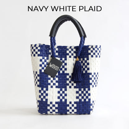 【WOVEN ウーヴン】Mini Tote ミニトート メルカドバッグ レディース かごバッグ 編み込みバッグ メキシコ製 プラカゴバッグ タッセル付き レザーハンドル 千鳥格子 チェック柄